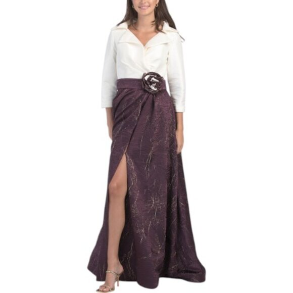 TERANI COUTURE Long Sleeve Shirt Gown With Jacquard Skirt